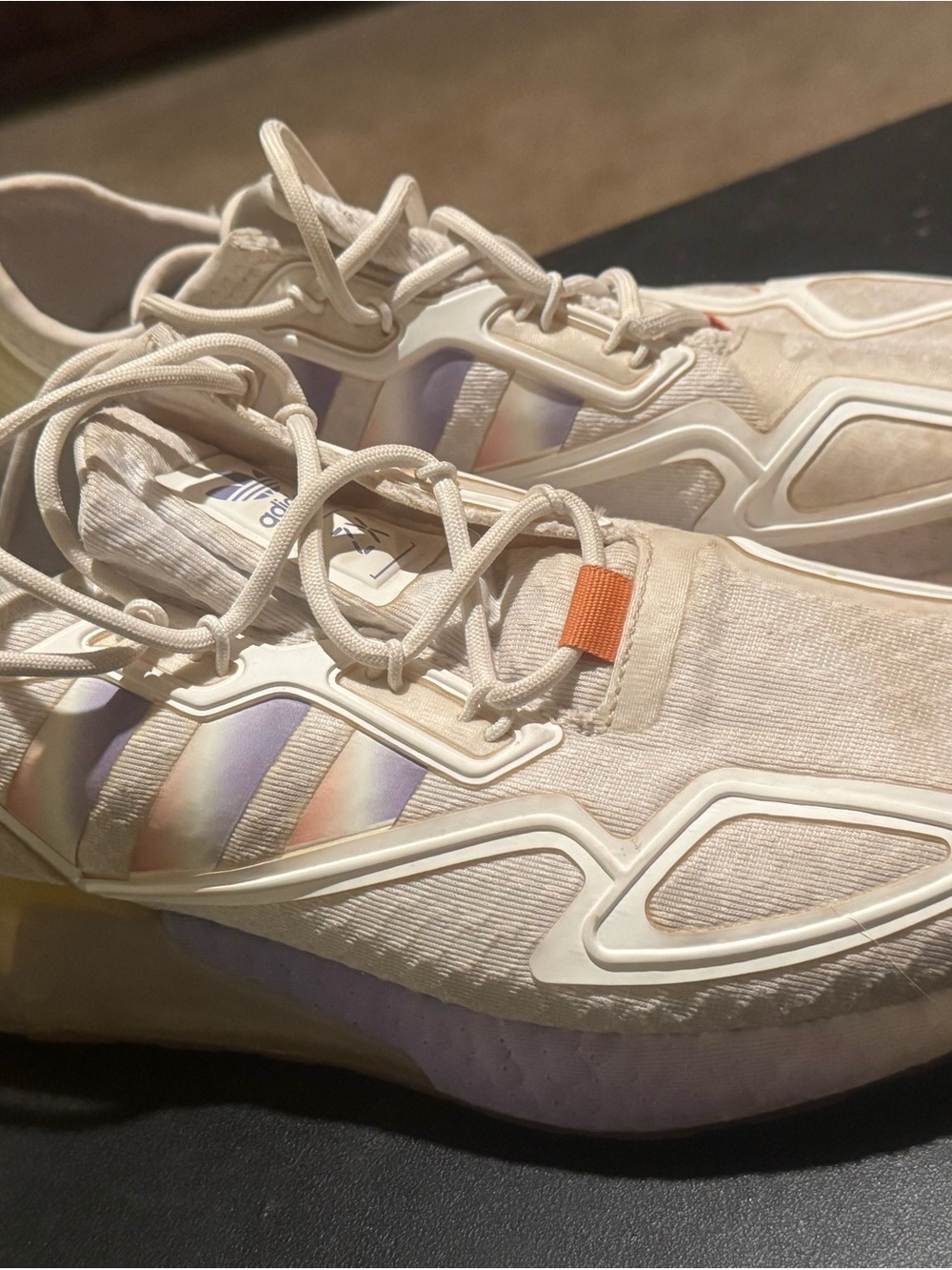 adidas Women's Cream Sneakers with Iridescent Stripes and Orange Tab